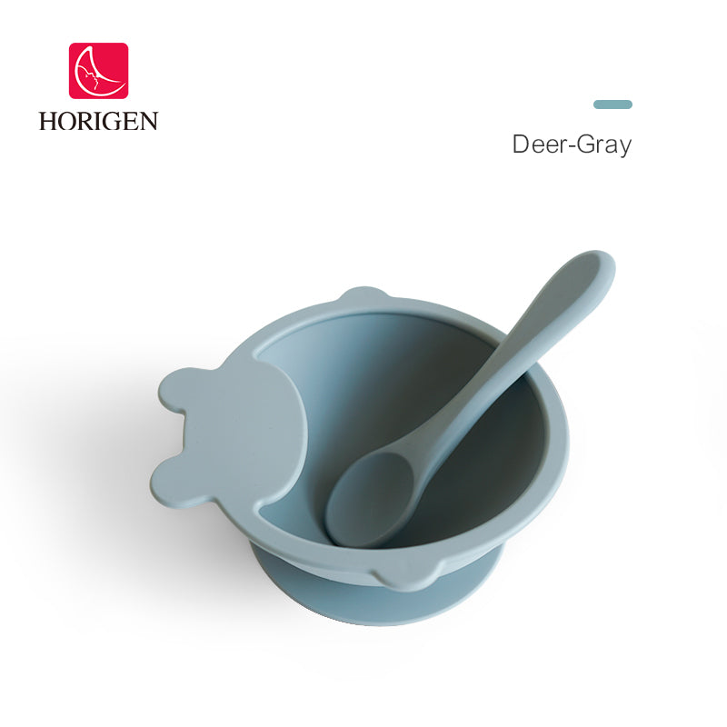 Horigen Silicone Baby Feeding Cutlery Set Strong Suction Utensils Tableware (Deep-Gray)