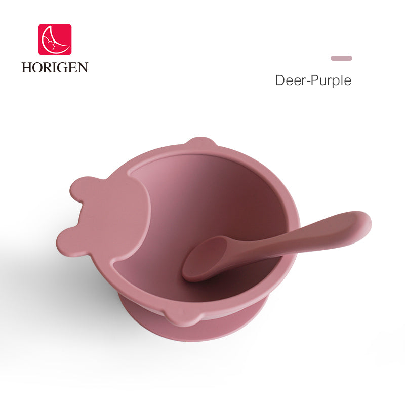 Horigen Silicone Baby Feeding Cutlery Set Strong Suction Utensils Tableware (Deer-Purple)
