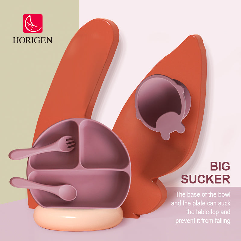 Horigen Silicone Baby Feeding Cutlery Set Strong Suction Utensils Tableware
