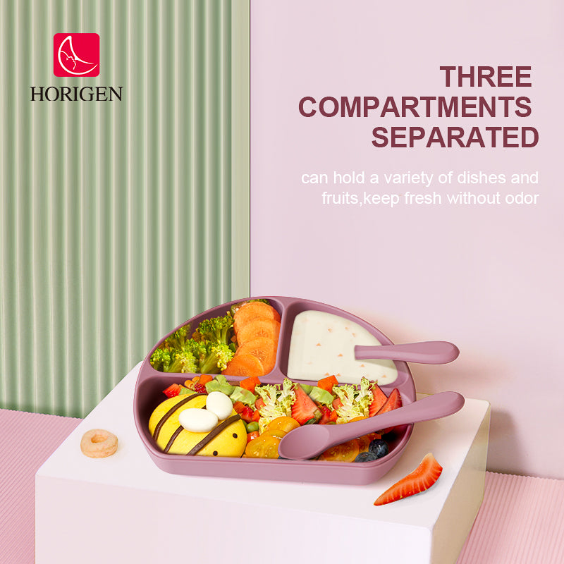 Horigen Silicone Baby Feeding Cutlery Set Strong Suction Utensils Tableware