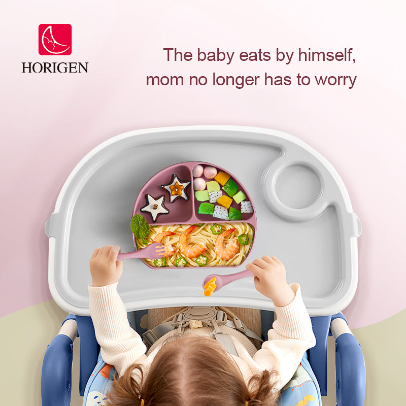 Horigen Silicone Baby Feeding Cutlery Set Strong Suction Utensils Tableware