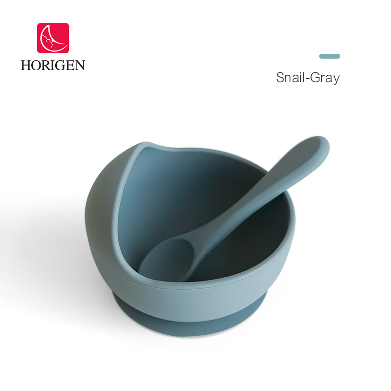 Horigen Silicone Baby Feeding Cutlery Set Strong Suction Utensils Tableware (Snail-Gray)
