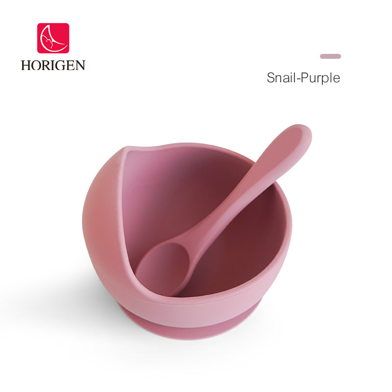 Horigen Silicone Baby Feeding Cutlery Set Strong Suction Utensils Tableware (Snail-Purple)