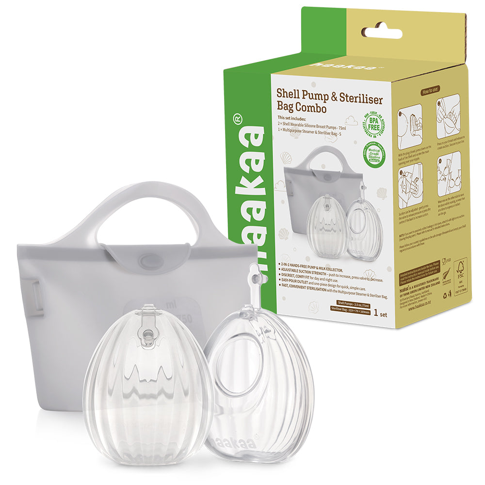 Haakaa Shell Wearable Silicone Breast Pump and Steriliser Bag Combo