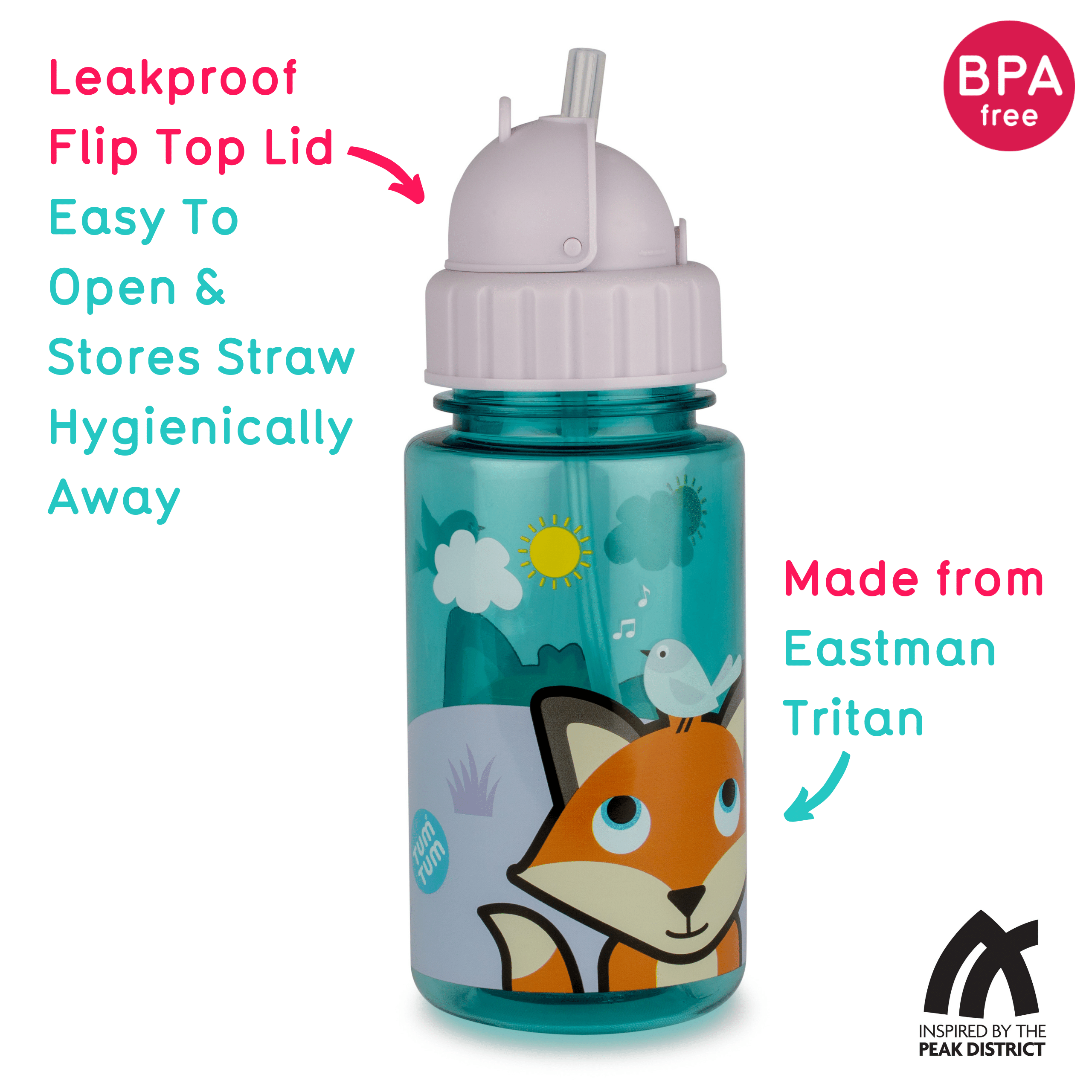 TumTum Flip Top Kids Water Bottle with Straw 400ml